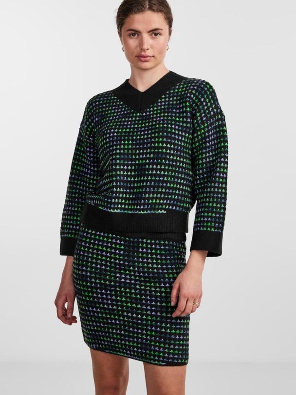 V-Neck Black Knit Sweater with Green & Blue Micro-Pattern